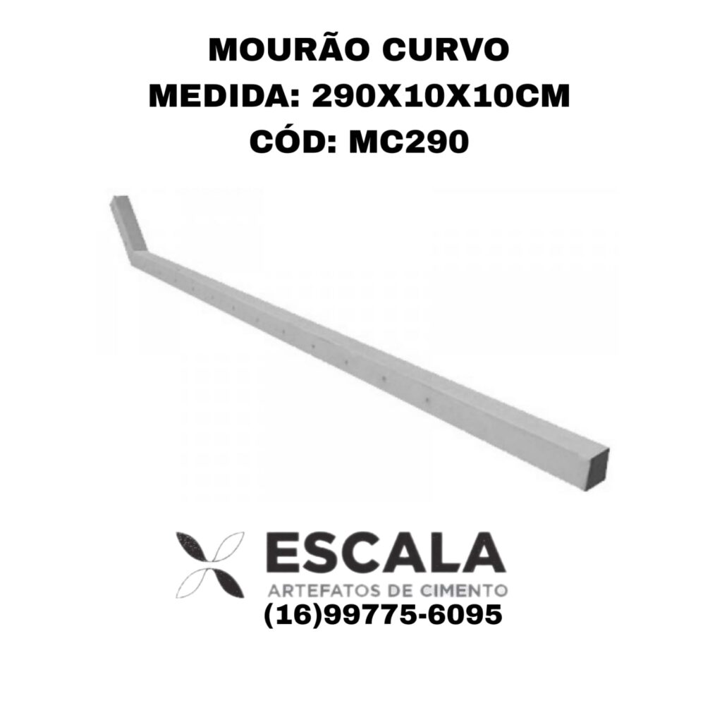 Imagem de um mourão curvo de concreto, utilizado em cercamentos para aumentar a segurança. A parte curva permite a instalação de arames farpados ou concertinas, dificultando o acesso não autorizado.